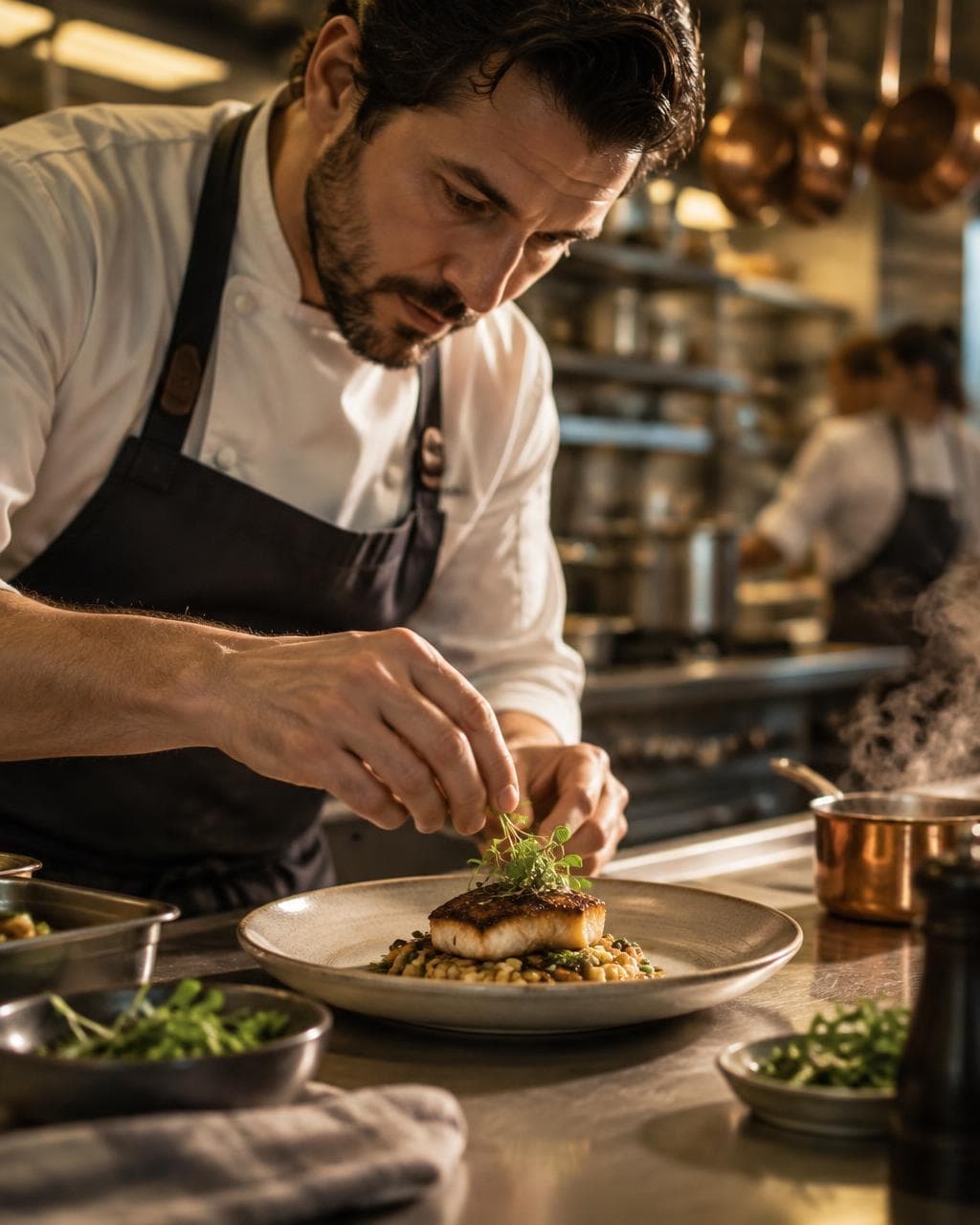 Professional chef garnishing a plated fish dish in a modern restaurant kitchen