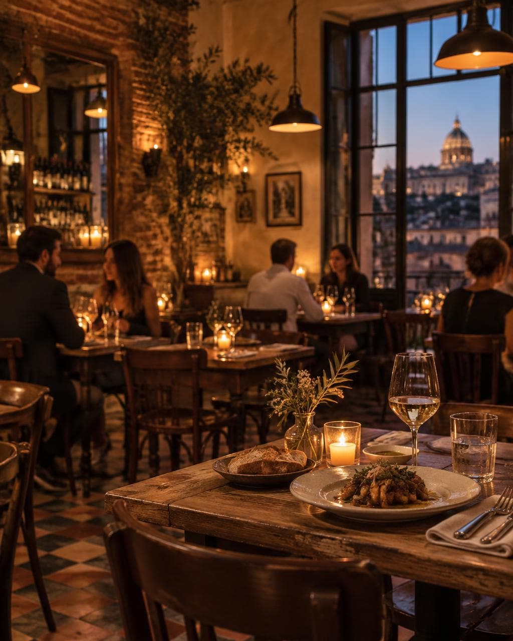 Atmospheric candlelit dining room at an authentic European restaurant