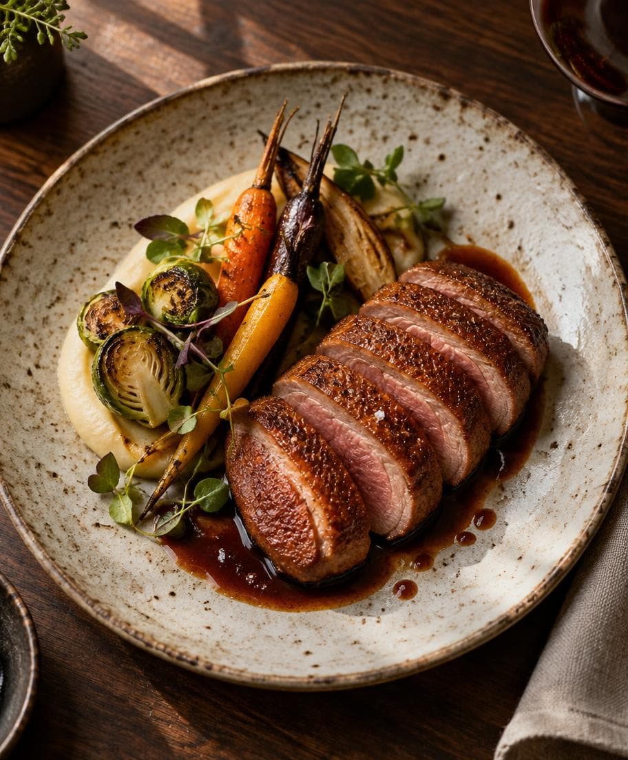 Plated roasted gourmet duck breast with caramelized vegetables